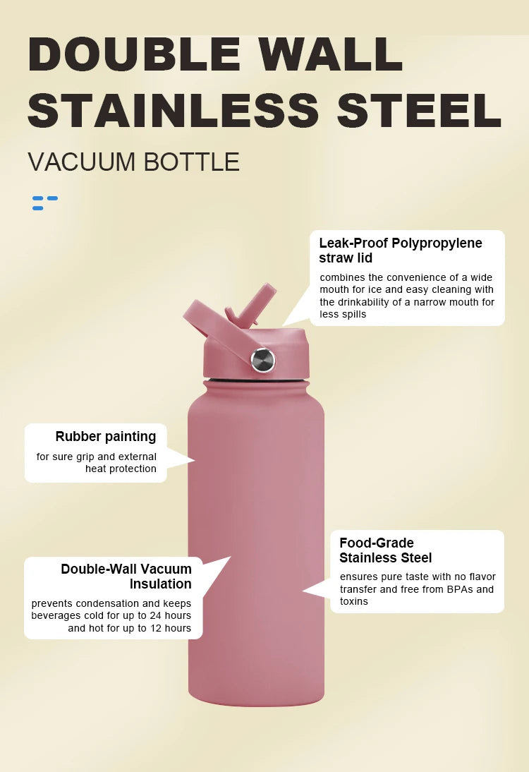 Customized 32oz /1000ml wide mouth double wall sports travel vacuum insulated stainless steel water bottle with straw lid