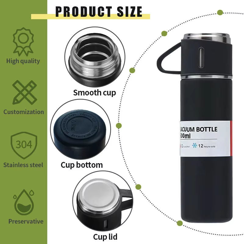 Christmas Gift 3pcs Outdoor Travel Coffee Tea Thermos Vacuum Flask Stainless Steel Water Bottle Gift Set with 2 Cup