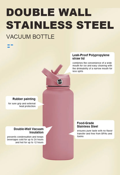 Customized 32oz /1000ml wide mouth double wall sports travel vacuum insulated stainless steel water bottle with straw lid