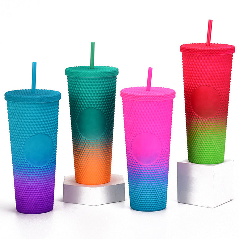 Hot Sale Popular 24oz Plastic Double Wall Insulated Crystal Grid Studded Tumbler Cups Stud Mug Pineapple Cup With Straw