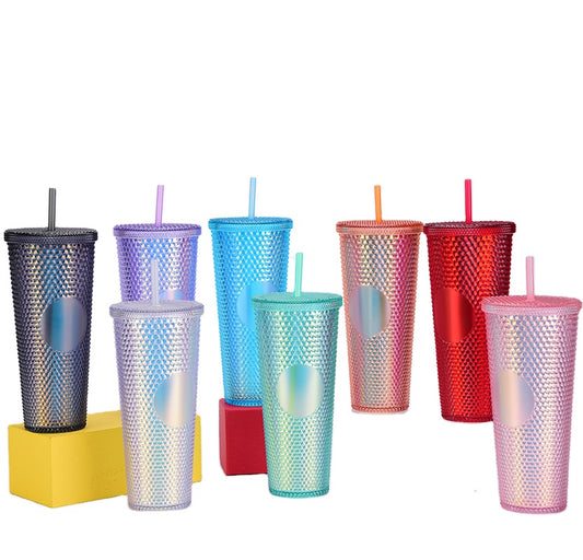 Custom Logo Double Wall Reusable Studded Tumbler Plastic Cold Drinks Cups With Lid And Straw Custom Gift Coffee Tumbler