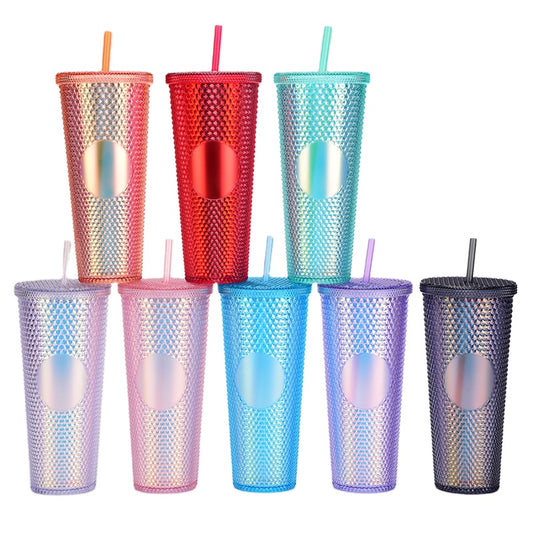 Hot Sale Popular 24oz Plastic Double Wall Insulated Crystal Grid Studded Tumbler Cups Stud Mug Pineapple Cup With Straw