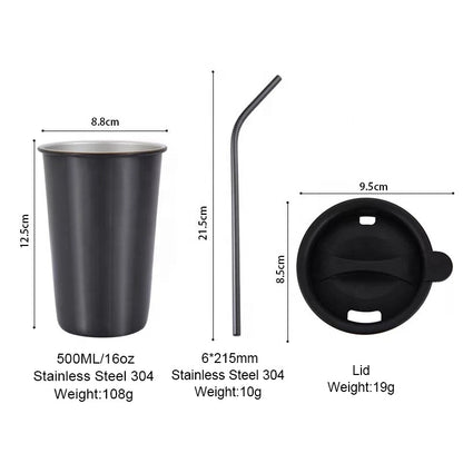 500ml 304 Stainless Steel Coffee Cups Metal Reusable Straw Glass Pint Travel Outdoor Camping Drinking Cup Juice Tea Beer Cups