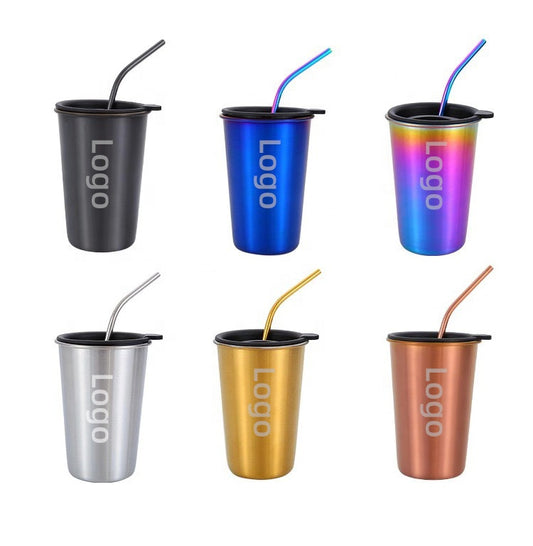 500ml 304 Stainless Steel Coffee Cups Metal Reusable Straw Glass Pint Travel Outdoor Camping Drinking Cup Juice Tea Beer Cups