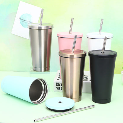 Custom double wall travel coffee water reusable drinking insulated stainless steel vacuum tumbler mug cup with metal straw