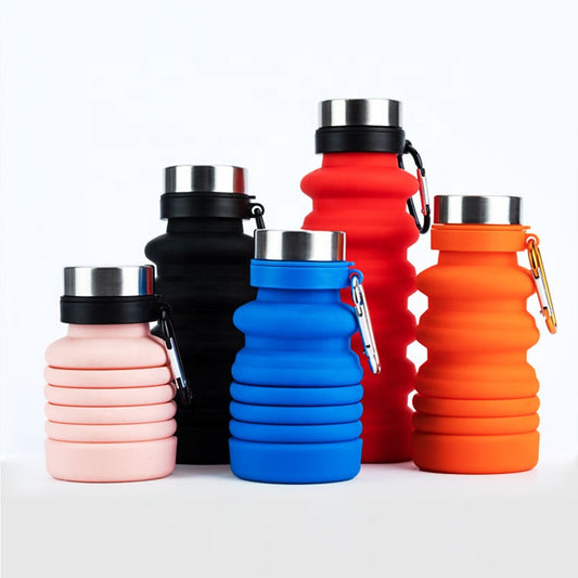 500ML Portable Retractable Silicone Bottle Folding Water Bottle Outdoor Travel Drinking Cup with Carabiner Collapsible Cup