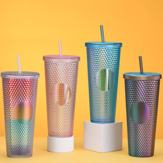 Custom Logo Double Wall Reusable Studded Tumbler Plastic Cold Drinks Cups With Lid And Straw Custom Gift Coffee Tumbler