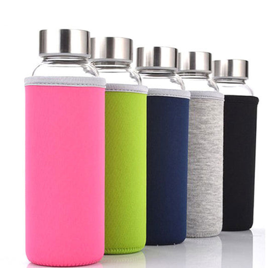 Glass Water Bottle 280ml/360ml/550ml Sport Bottle with Stainless Steel Lid and Protective Bag BPA Free Travel Drink Bottle