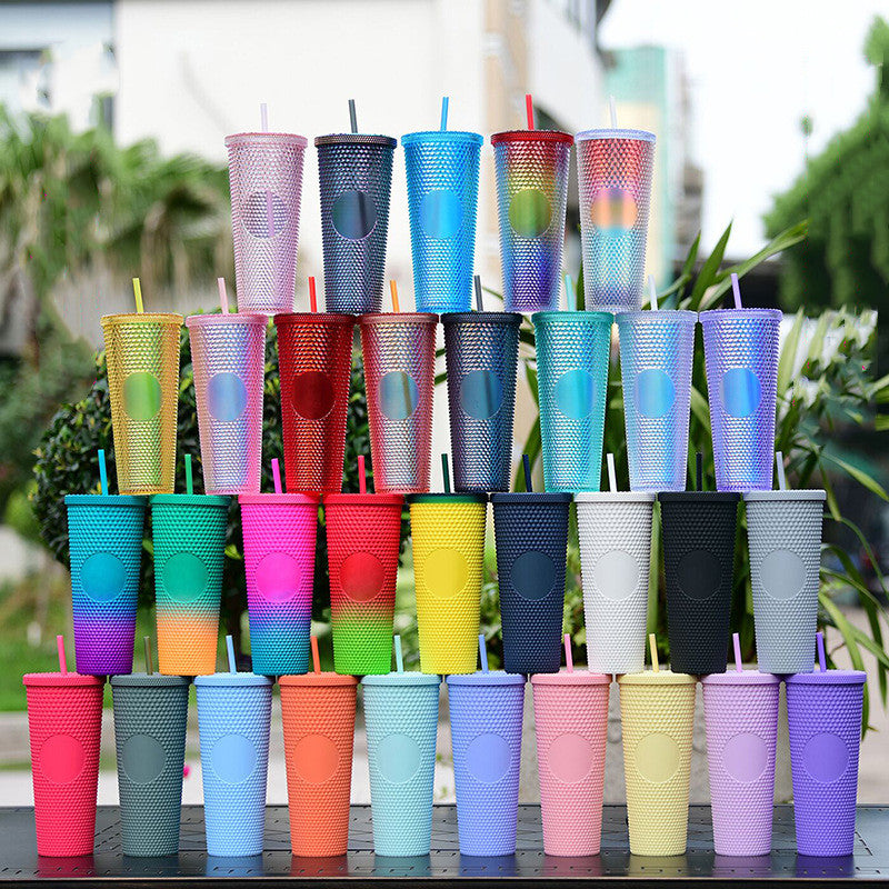 Hot Sale Popular 24oz Plastic Double Wall Insulated Crystal Grid Studded Tumbler Cups Stud Mug Pineapple Cup With Straw